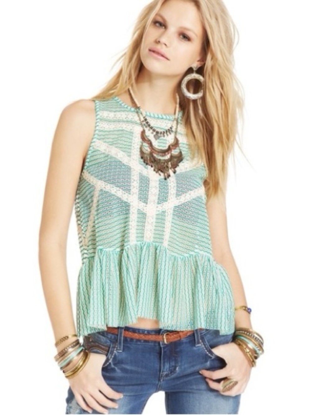 Free People Green Crochet Peplum Lace Trim Sleeveless Top Boho Summer Casual XS